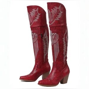 BNIB Red with white Eagle design stitching over the knee cowgirl boots size 8